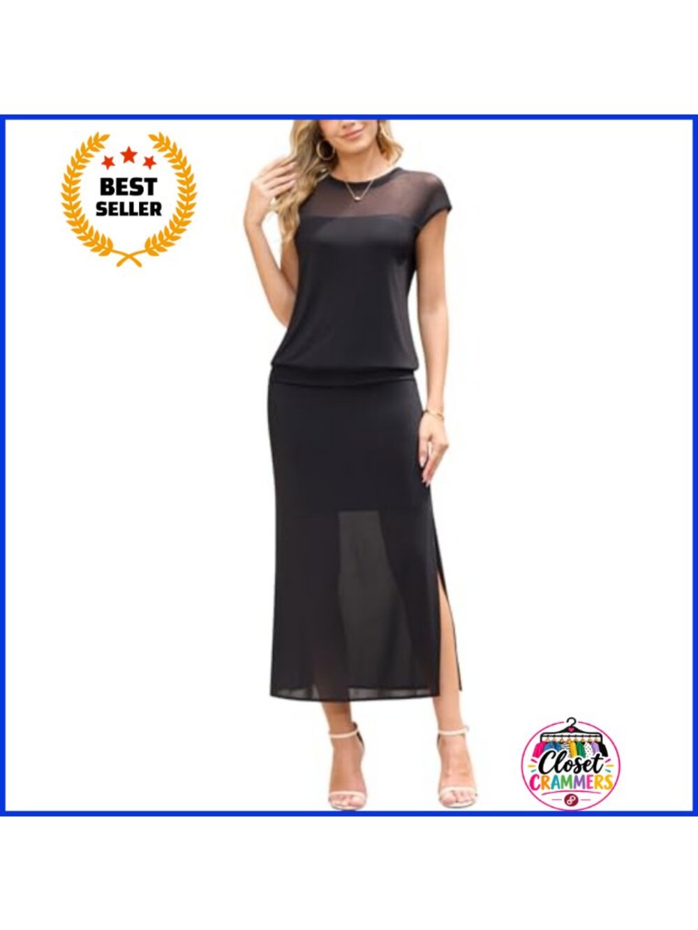 2 Piece Mesh Side Slit Skirt Set Cap Sleeve Layered Knit Matching Outfit